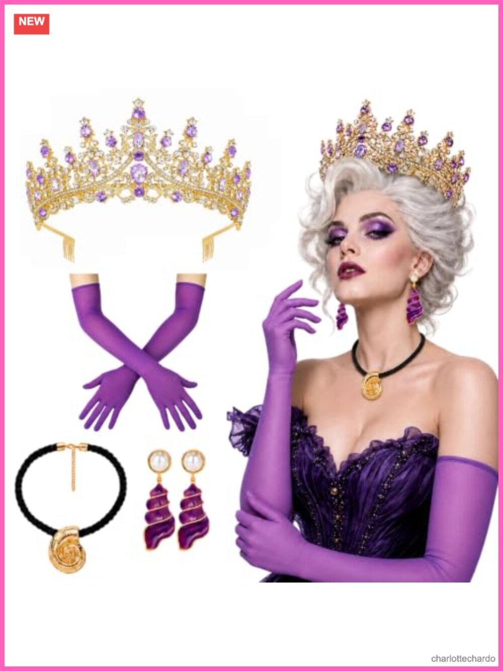 Sea Witch Costume Set Metal Crown Mesh Gloves Shell Earrings Necklace Cosplay